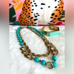 Faceted Turquoise Chain layer Necklace/Turquoise Enamel Spring Tension Bracelet